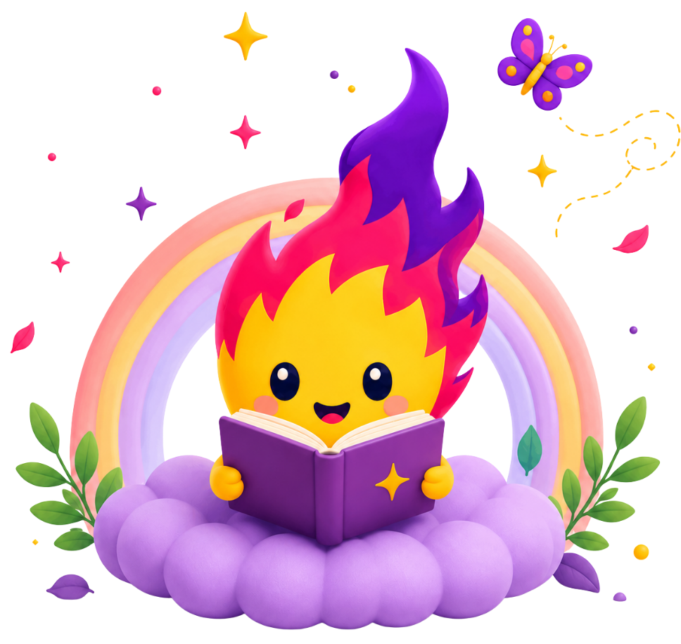 Cute Ellatales mascot reading a storybook surrounded by colorful stars and a rainbow.