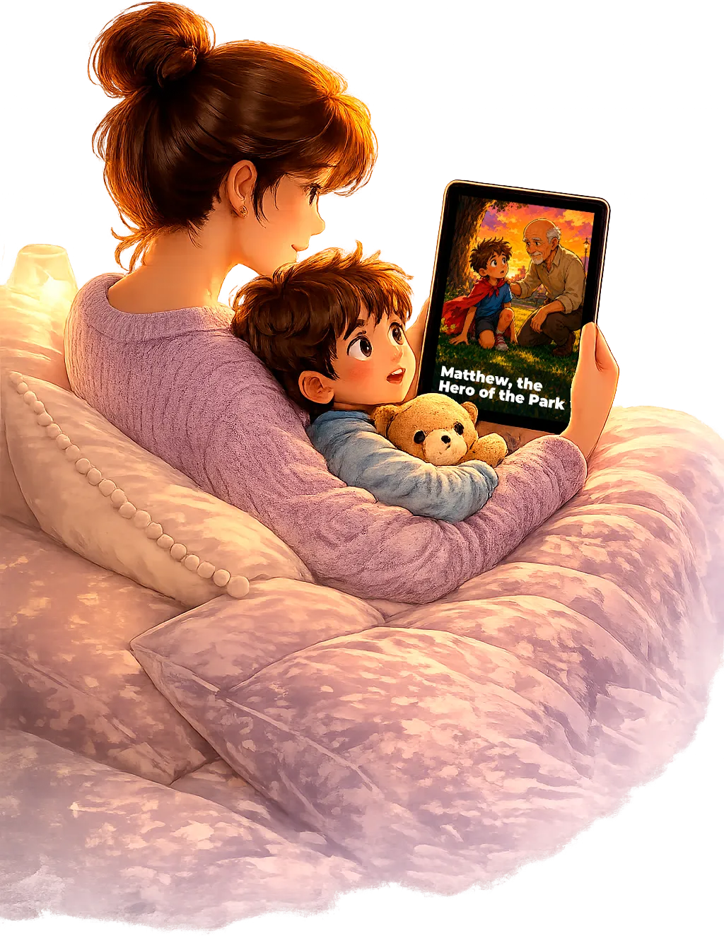 Mother reading a personalized bedtime story to her son on a tablet with EllaTales children's books.