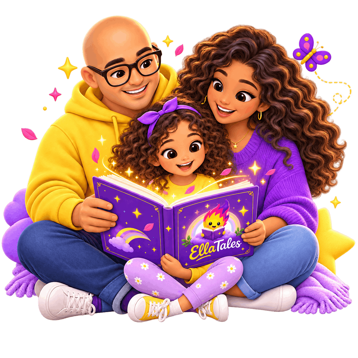EllaTales founding family reading a children's storybook together