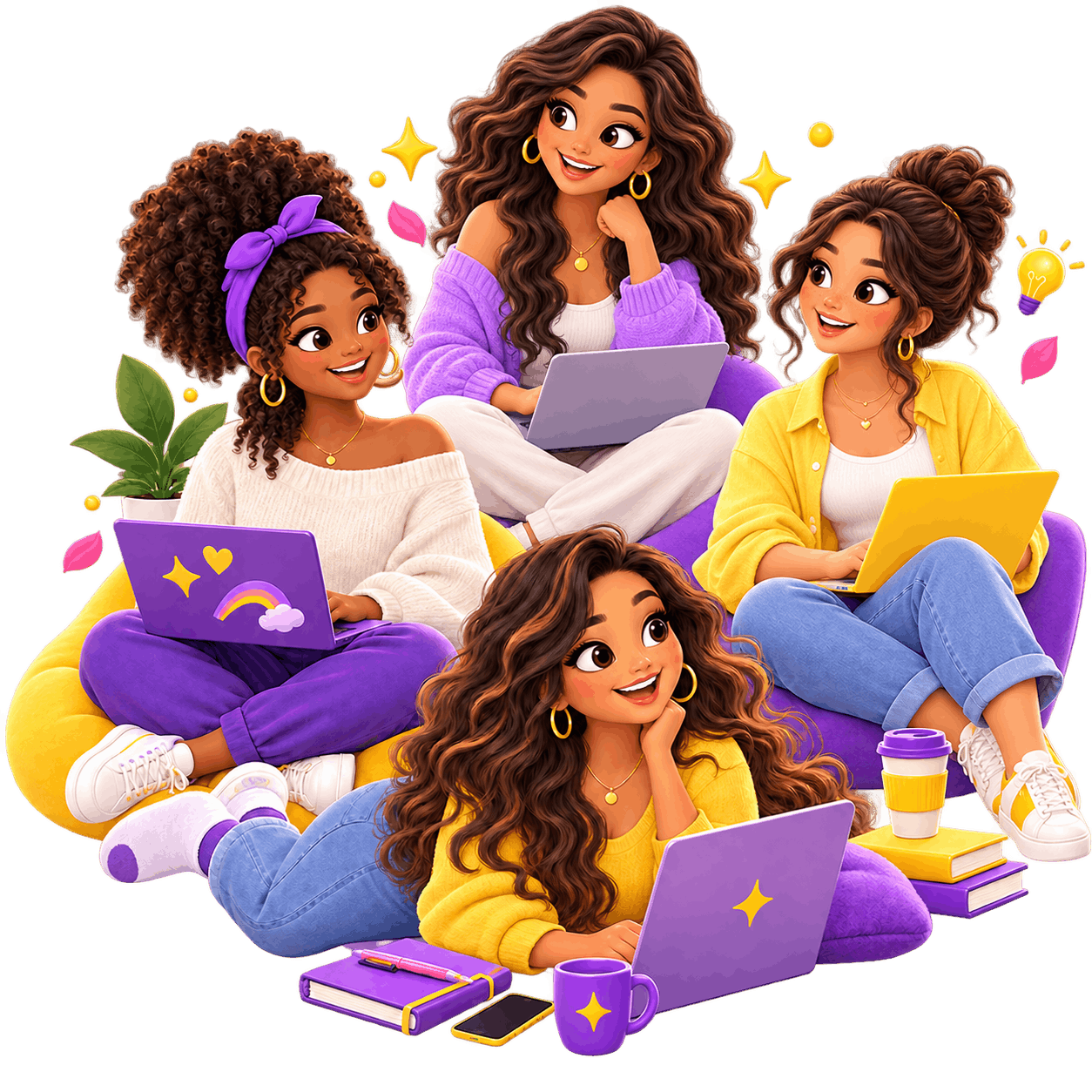 Four diverse women collaborating on laptops as part of the EllaTales creative team