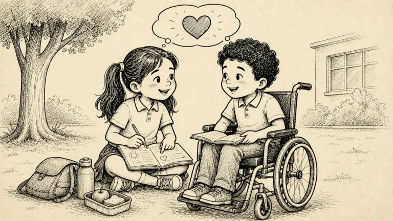 A boy in a wheelchair smiling with a classmate in a schoolyard