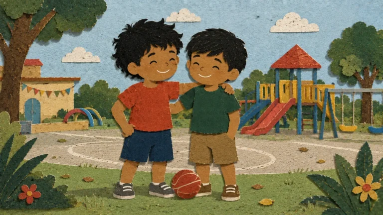 Twin brothers Andrés and Sebastián smiling together in a warm handmade paper-style landscape