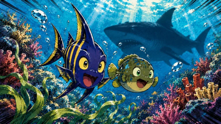 Finn and Bubbles swimming through a colorful coral reef while the shadow of a large shark appears behind them