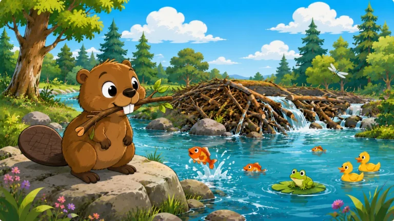 Max the young beaver beside a beaver dam with fish, ducks, and a frog in a bright river landscape