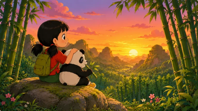 Mei sitting beside Bao the panda on a log in a lush bamboo forest at sunset