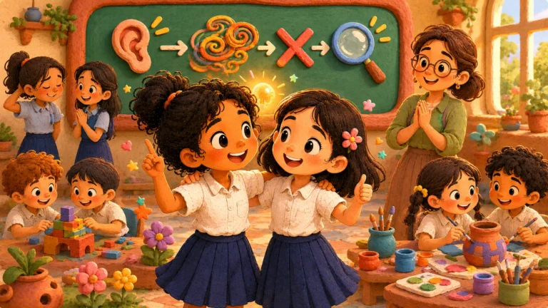Melissa and Alexa walking toward school while talking together in a warm illustrated campus scene