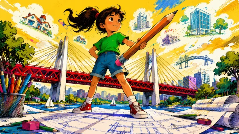 Natalie holding a giant pencil in front of bridges and city sketches that represent her engineering dreams
