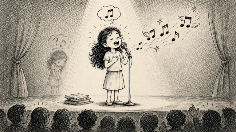 Nicole singing confidently at a microphone beside music notes and a contrasting image of a forgotten performance