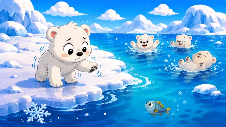 Nuka the polar bear cub hesitating at the edge of icy water while other cubs swim happily nearby