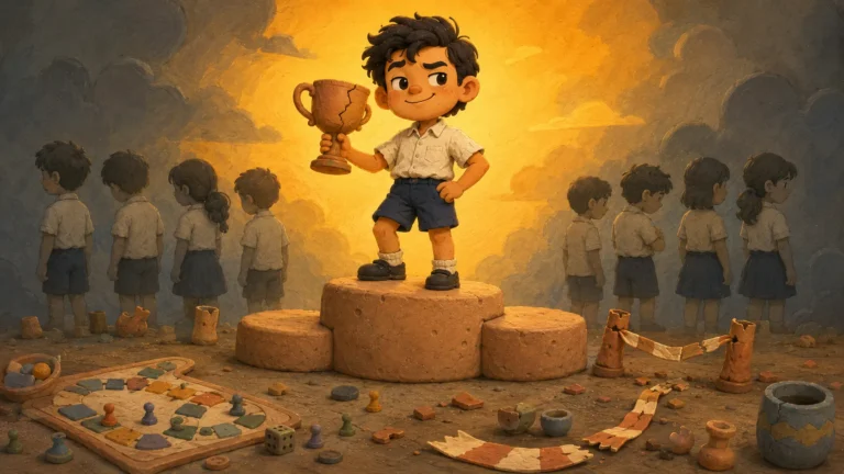 Raymond standing on a podium with a damaged trophy while disappointed classmates turn away behind him
