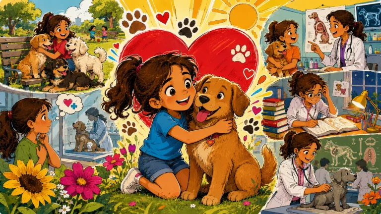 Samantha hugging a dog while surrounding scenes show veterinary care, study, and her dream of helping animals