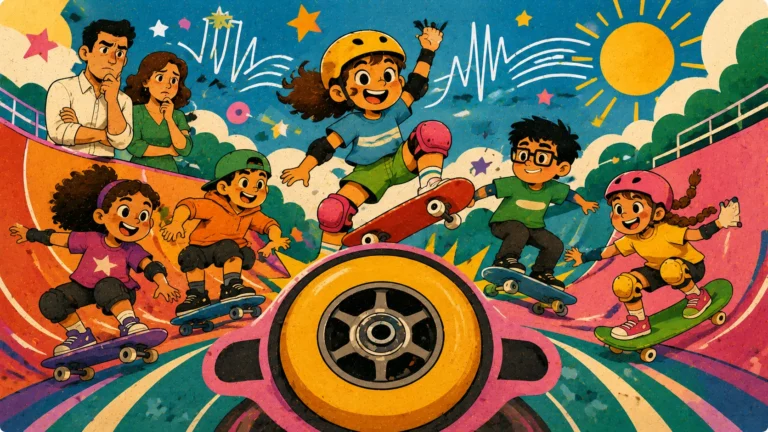 A young girl skateboarding with her friends at a colorful skate park while her parents watch from the side