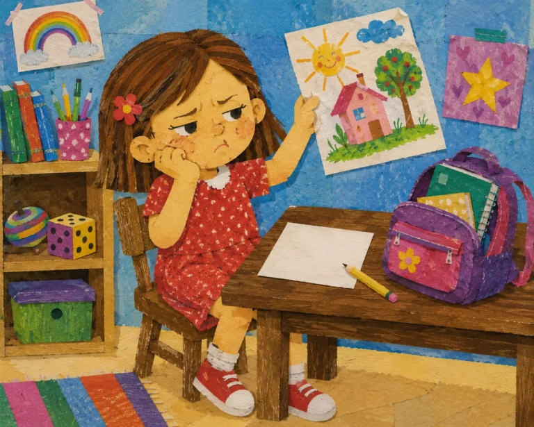 Sophie sitting unhappily at her desk with homework while a bicycle and sunny day wait outside the window