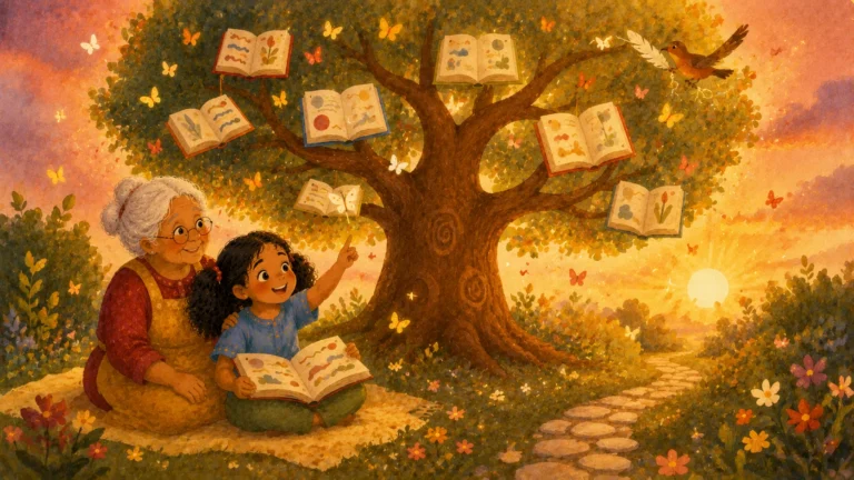 Talia reading with her grandmother beneath a glowing tree filled with books in a warm magical garden