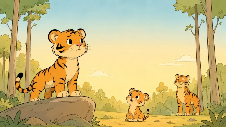 Taro the tiger cub running playfully while his mother and little sister Mila watch in a green forest