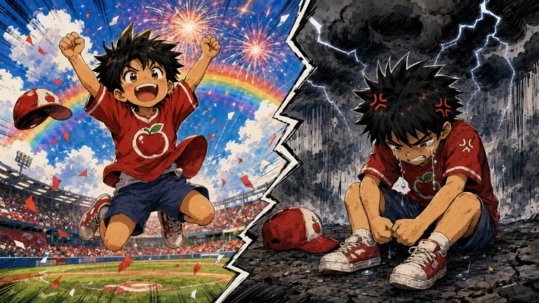 Peter celebrating a baseball victory beside a contrasting scene of disappointment after a loss