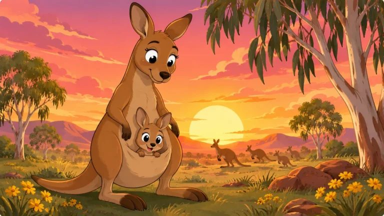Toby peeking happily from his mother's pouch at sunset in a wide Australian grassland