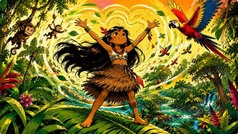 Yuraima standing in the Amazon rainforest surrounded by parrots, monkeys, and swirling colors that evoke the song of the forest