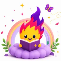 Cute Ellatales mascot reading a storybook surrounded by colorful stars and a rainbow.